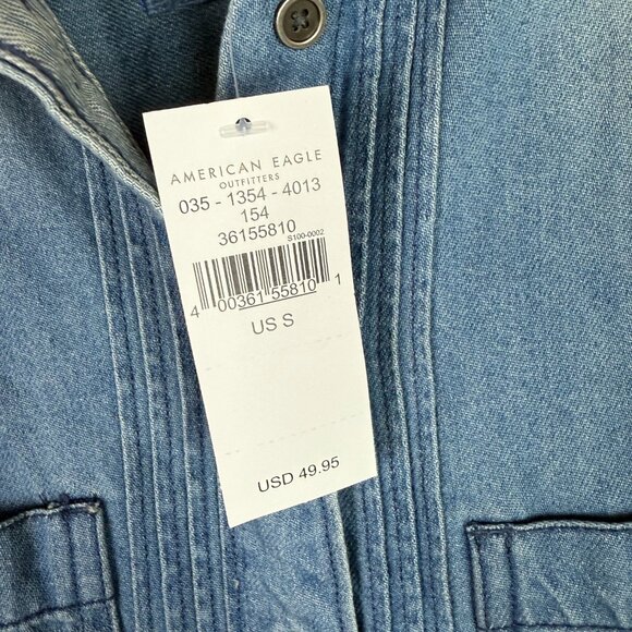 NWT American Eagle Denim Puff Sleeve Relaxed Buttondown Shirt Blue Size Small S - Picture 7 of 12